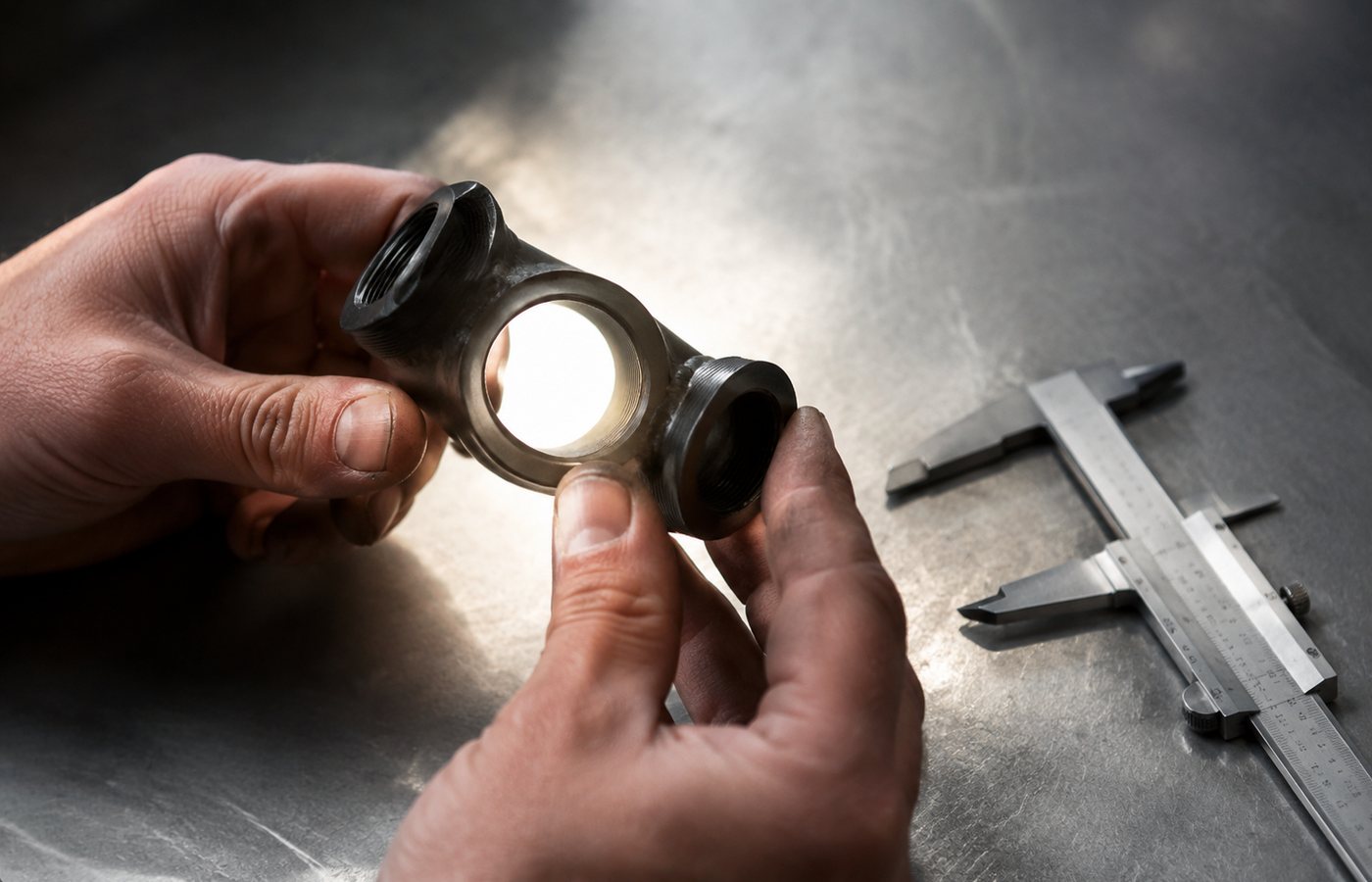 Sepasang tangan memegang cangkerang bottom bracket di sebelah angkup vernier di atas kaunter keluli